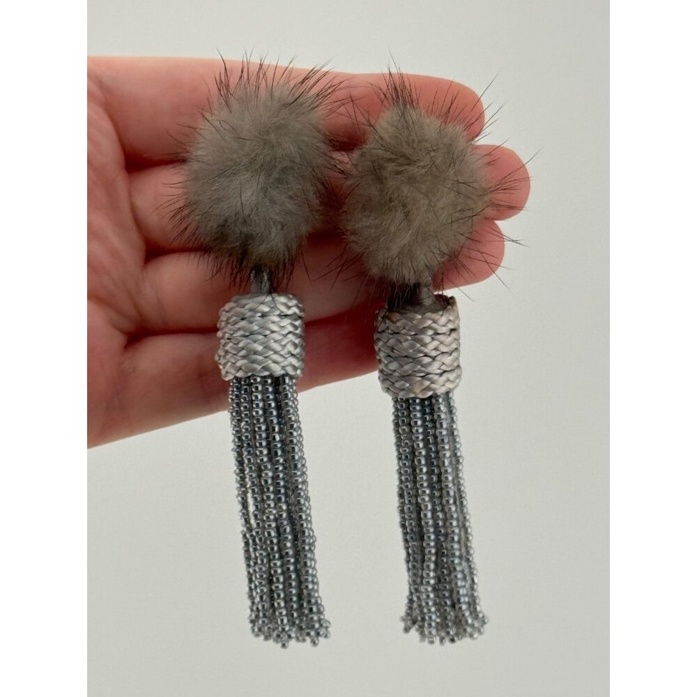 Mignonne Gavigan Jackie Mink Fur Gray Tassel Earrings